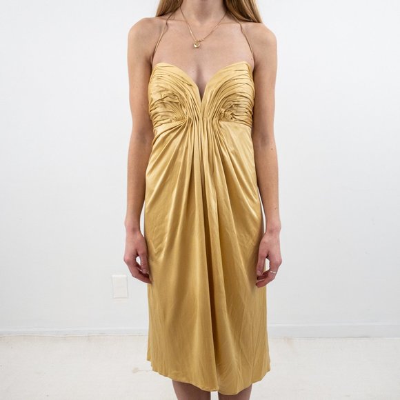 Anthro Y2K XS Silk Ruched Goddess Mini Dress Gold - Picture 1 of 8